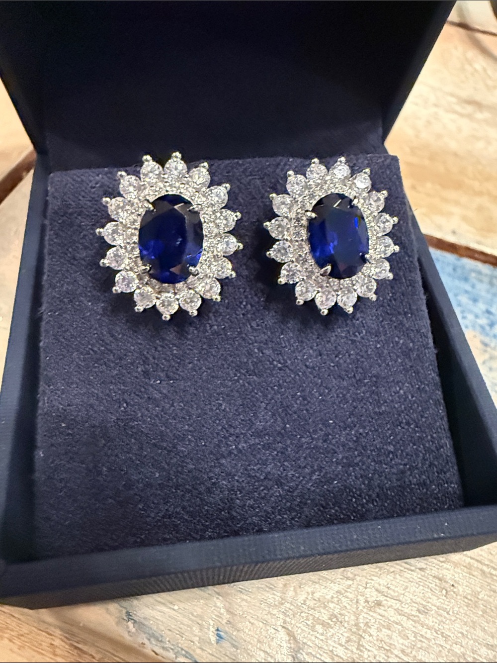 Royal Blue Oval Halo Stud Earrings - Women Jewelry Diamond and blue sapphire.